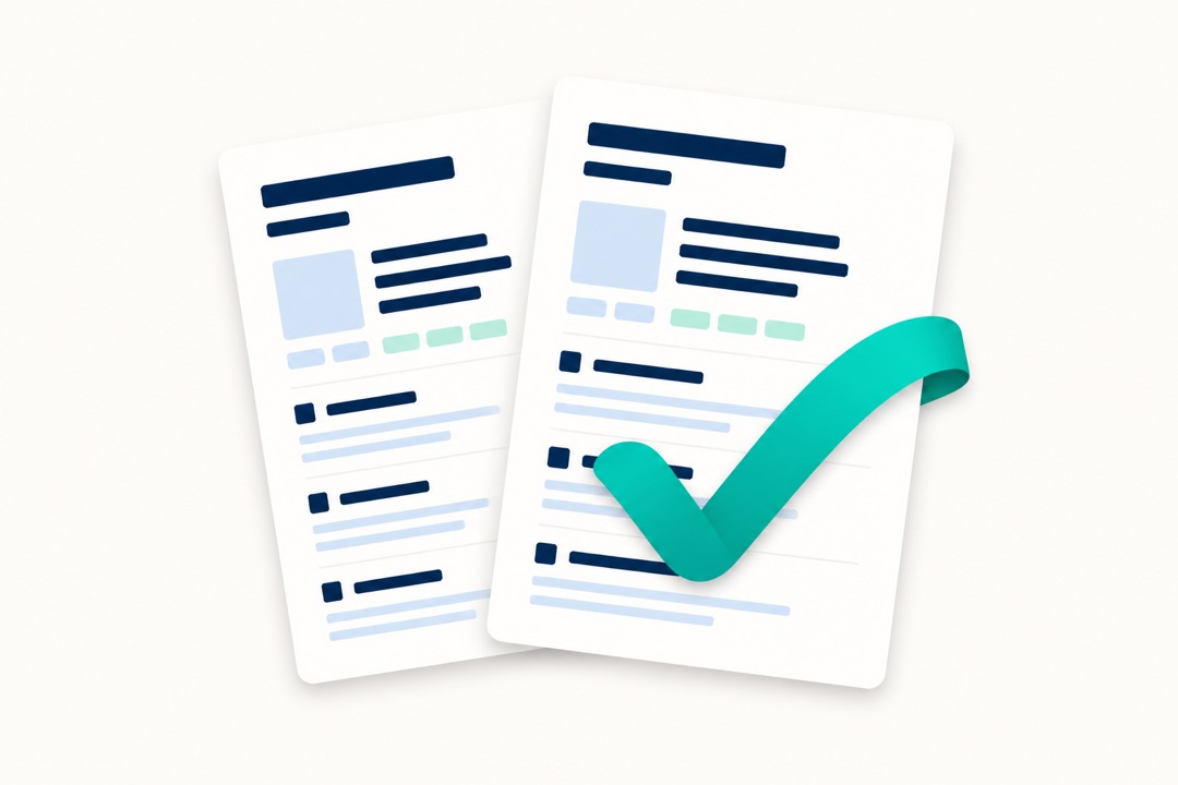 Illustration of two tailored resume documents with a teal ribbon checkmark