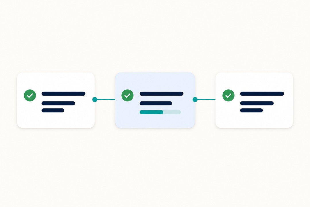 Illustration of three application cards moving through a connected pipeline